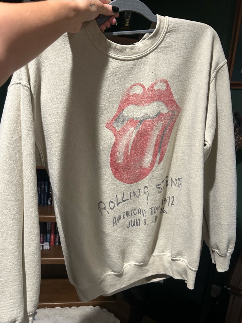 the Rolling Stones Tan Crewneck with Red Tongue Graphic